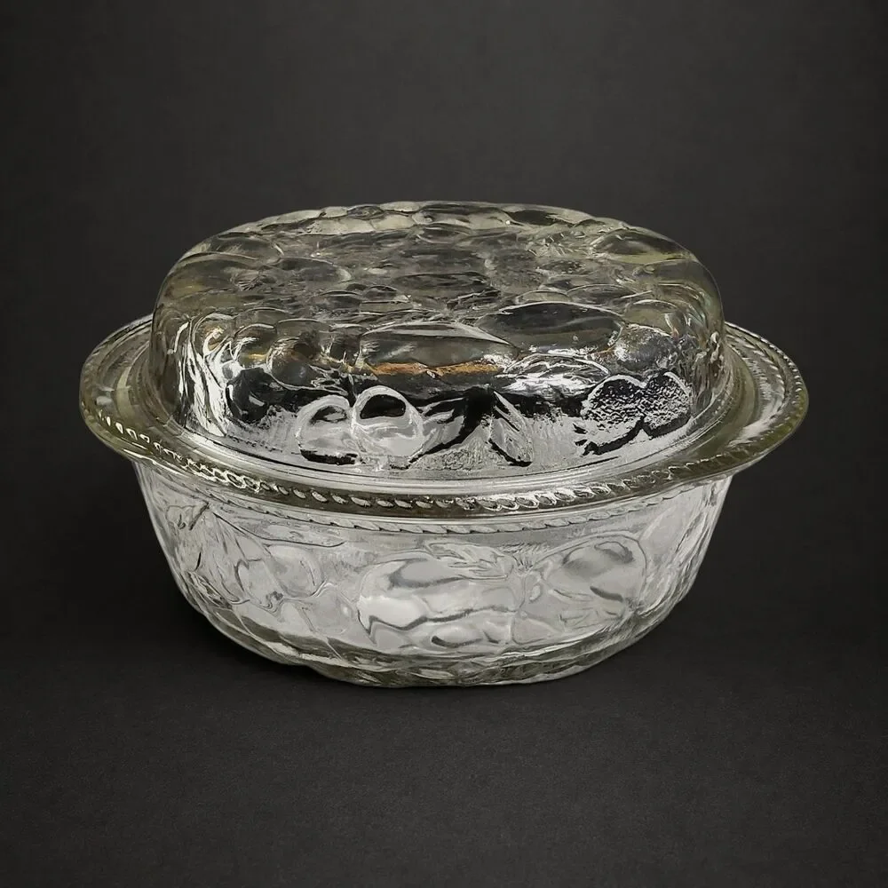 Vintage Libbey Orchard Embossed Nesting Glass Casserole Dish & Pie Pan Set